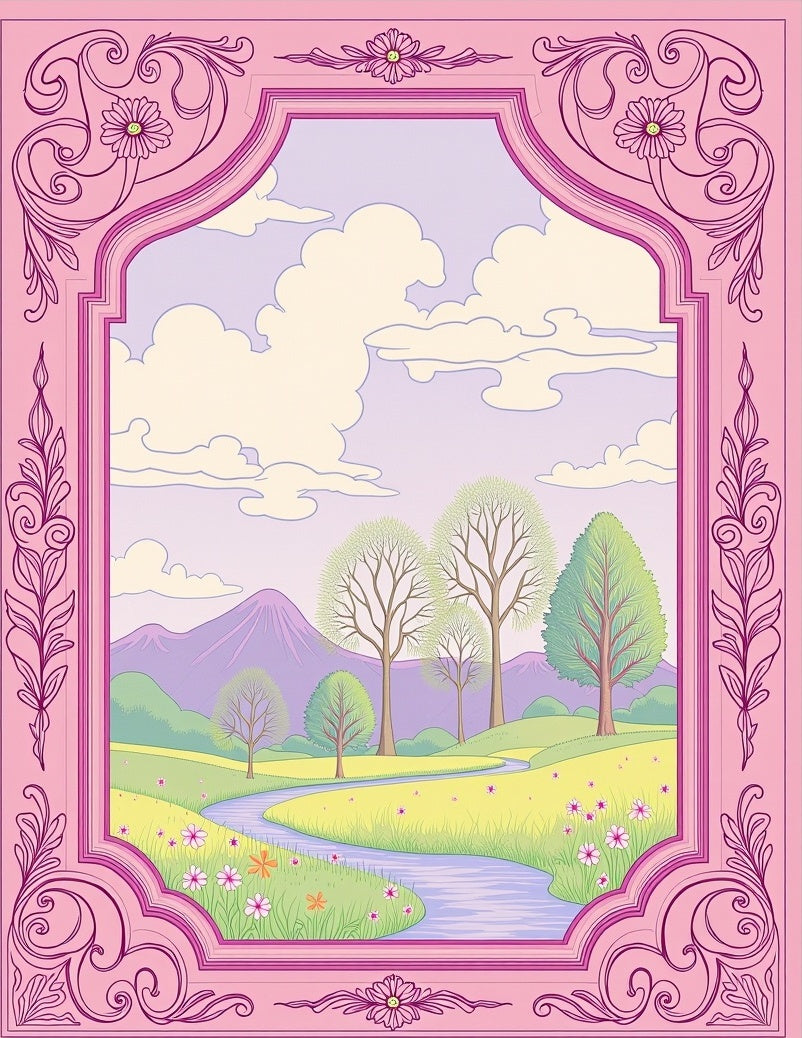 Pastel Pink Ornate Landscape Scene Rug