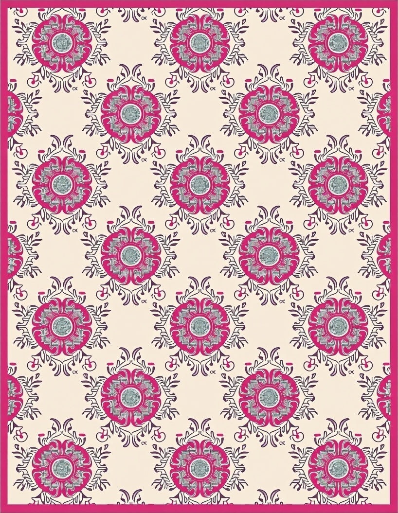 Fuchsia Floral Medallion Cream Rug