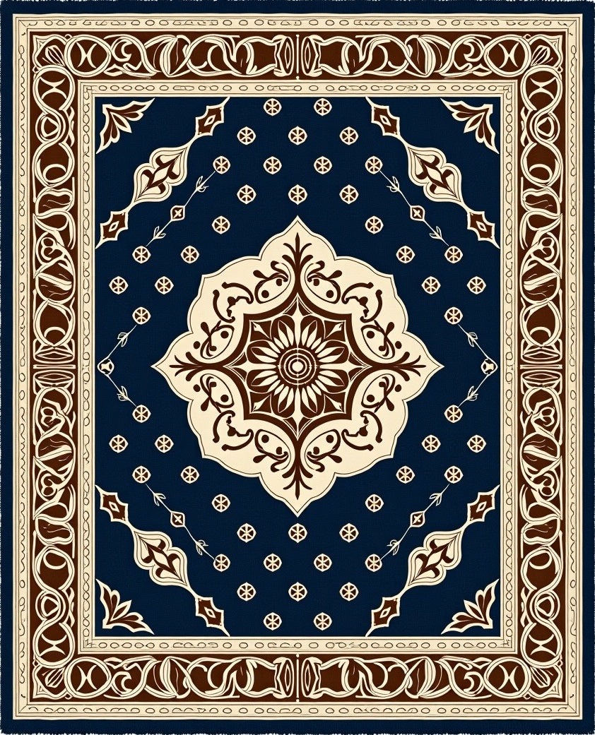 Damask Navy Cream Central Medallion Rug