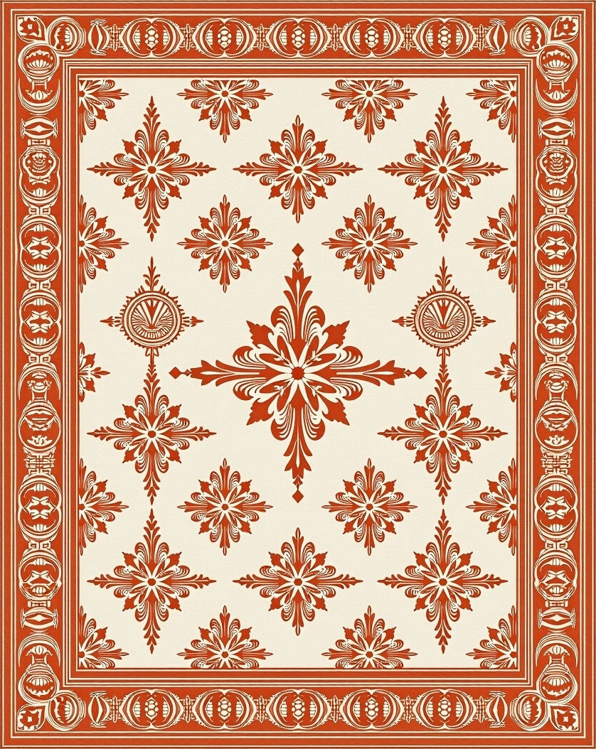 Terracotta Cream Floral Medallion Border Rug