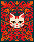 Enigmatic Red White Cat Floral Border Rug