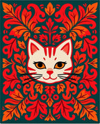 Enigmatic Red White Cat Floral Border Rug