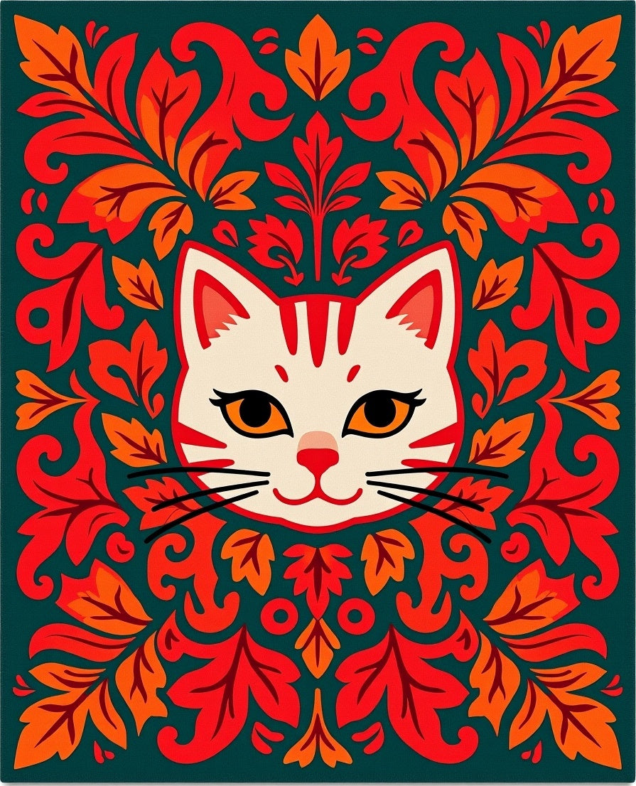 Enigmatic Red White Cat Floral Border Rug
