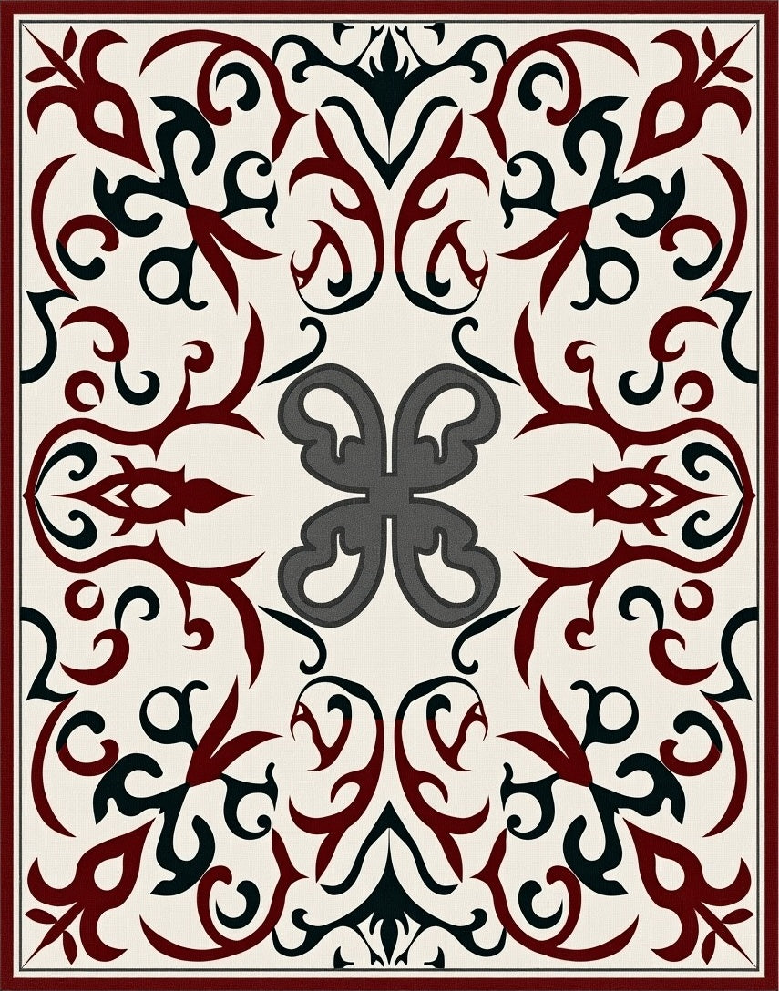 Ornate Crimson Black Filigree Square Rug
