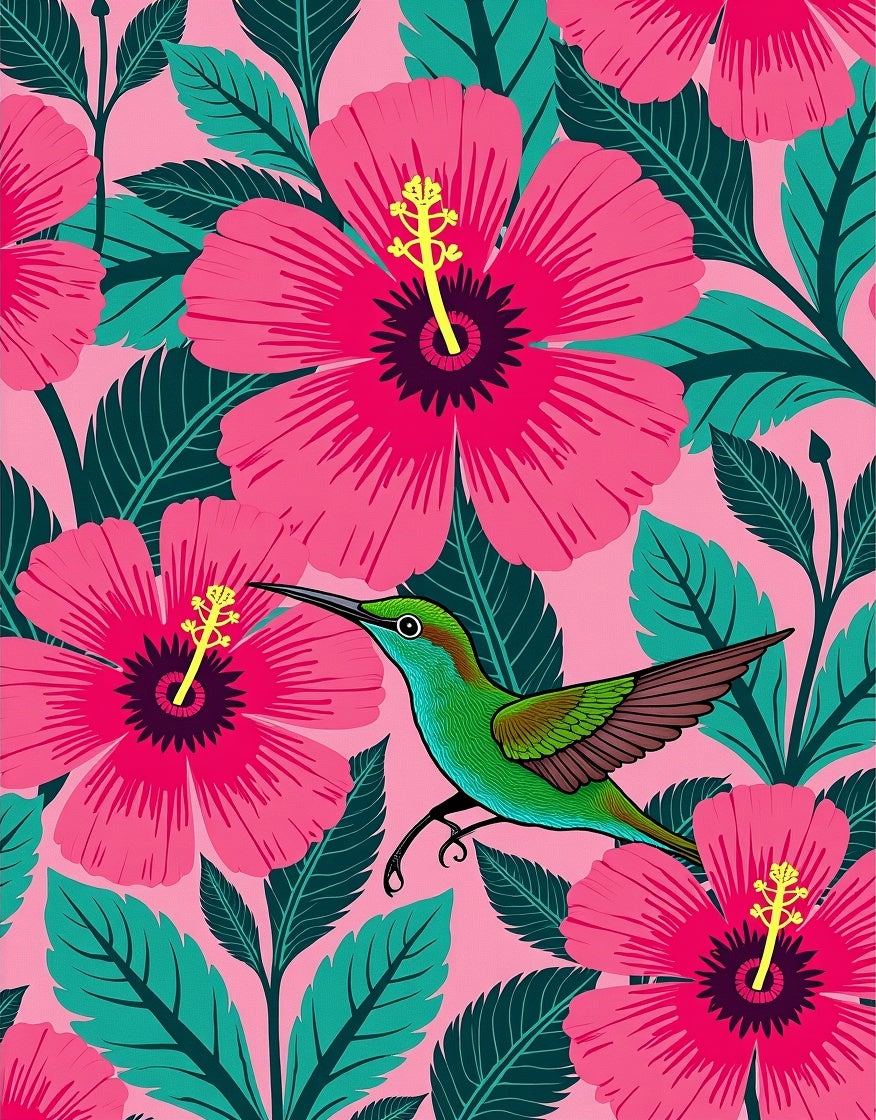 Vibrant Pink Hibiscus Green Hummingbird Rug