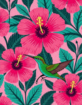 Vibrant Pink Hibiscus Green Hummingbird Rug