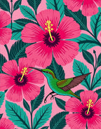 Vibrant Pink Hibiscus Green Hummingbird Rug