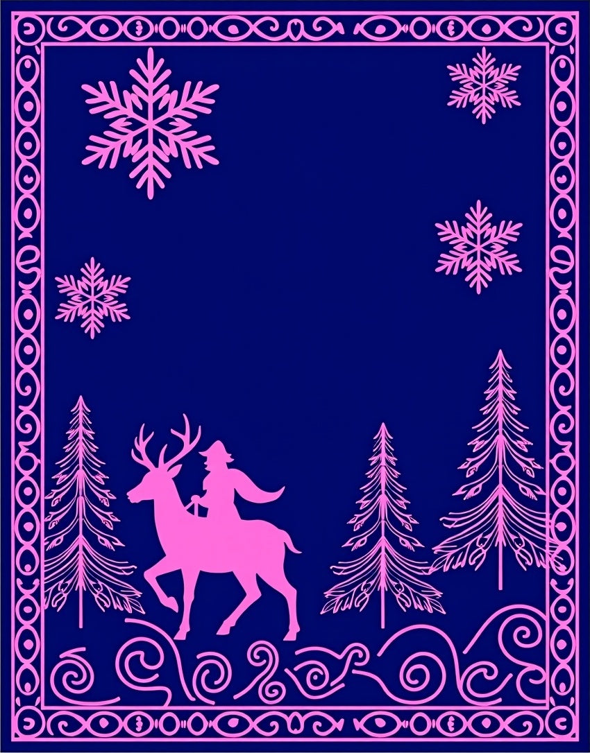 Pink Deer Rider Snowflake Woodland Scene Rug