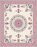 Pink Gray Cream Floral Medallion Border Rug