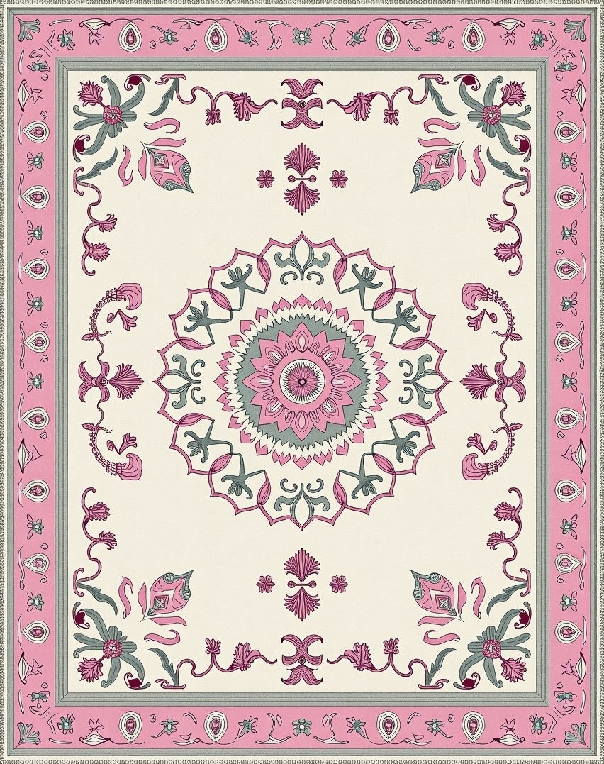 Pink Gray Cream Floral Medallion Border Rug