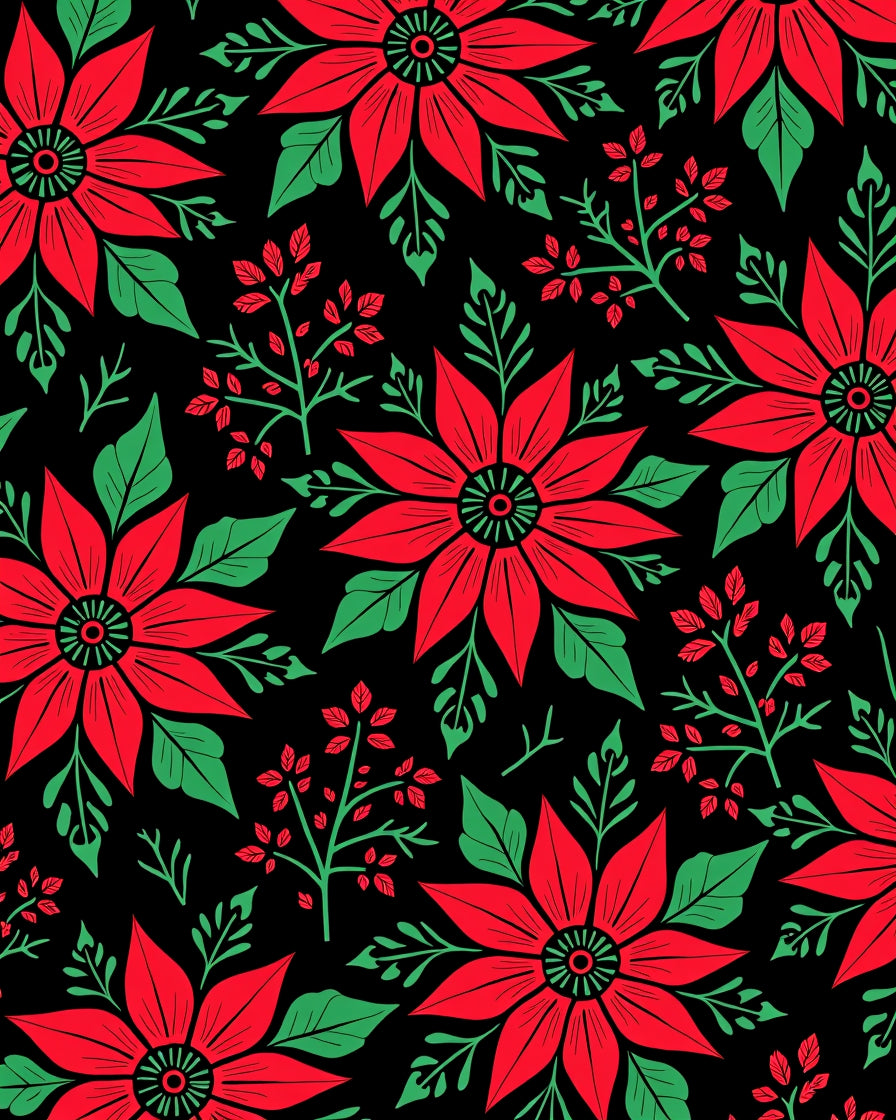 Bold Red Floral Branches Black Rug