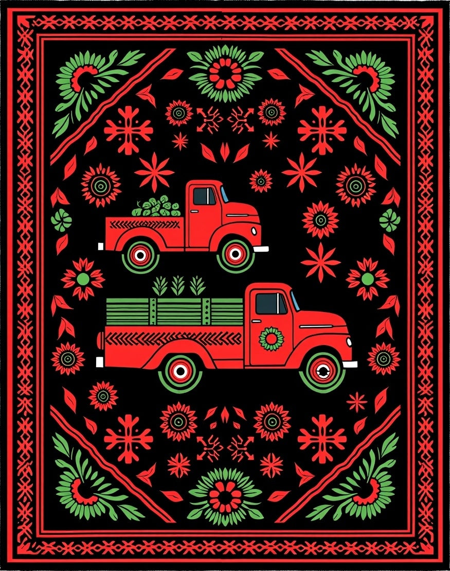 Red Folk Art Trucks Floral Border Rug