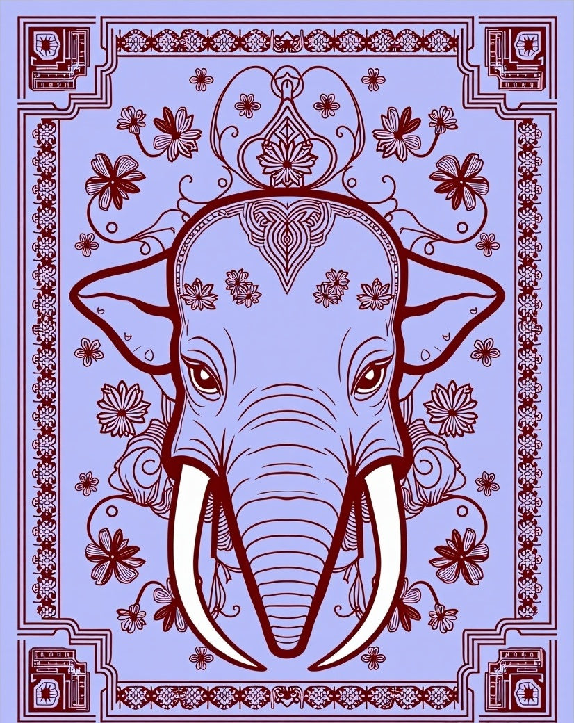 Ornate Elephant Lilac Floral Border Rug