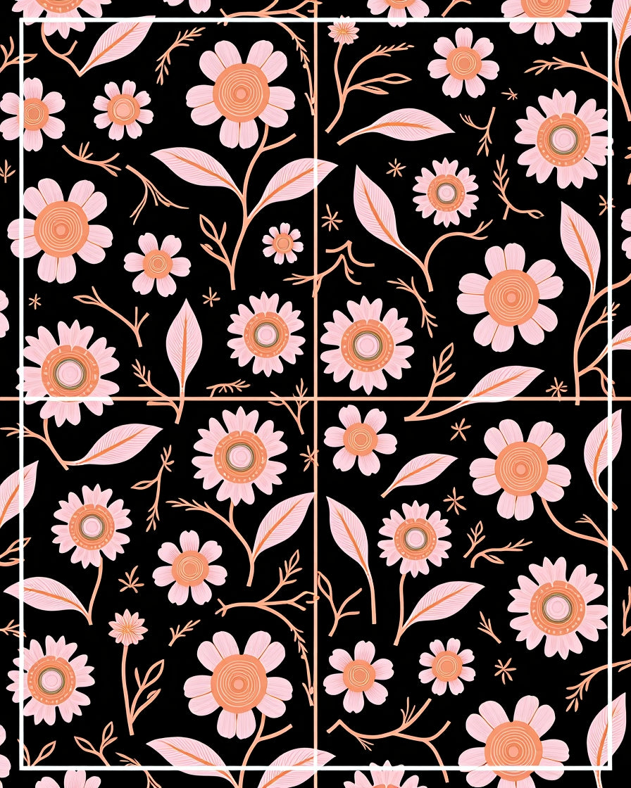 Pink Peach Floral Garden Black Rug