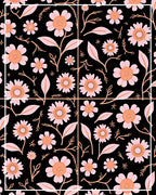 Pink Peach Floral Garden Black Rug