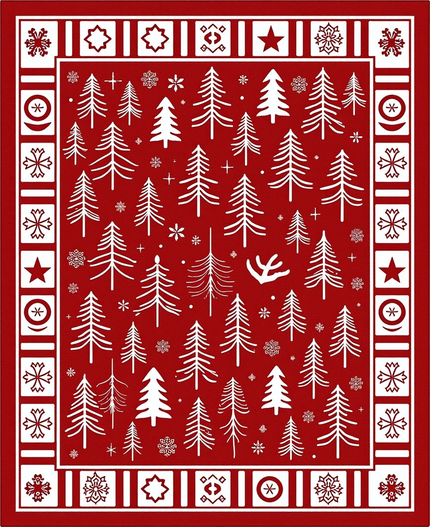 Crimson Winter Tree Snowflakes Border Rug