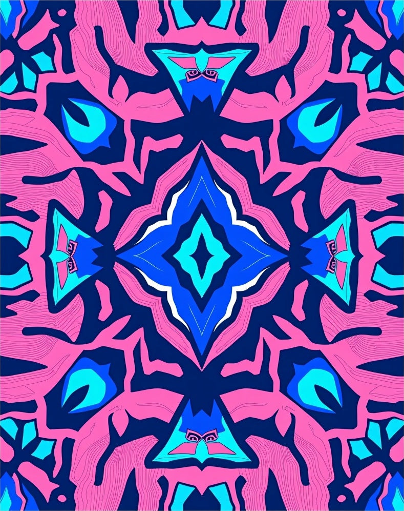 Vibrant Pink Blue Geometric Kaleidoscope Rug