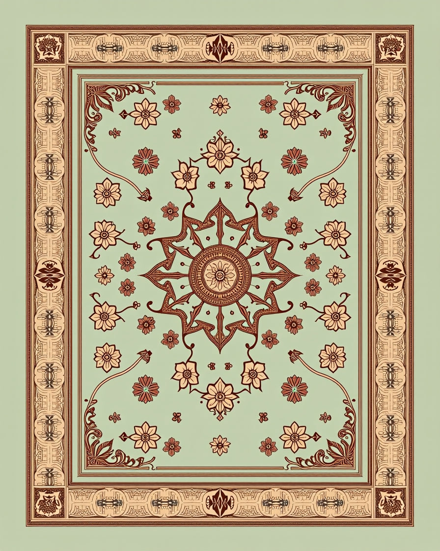 Pale Mint Floral Starburst Border Rug