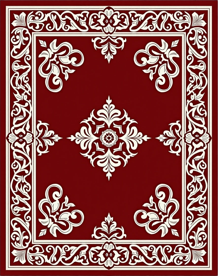 Rich Crimson Ornate Floral Border Rug