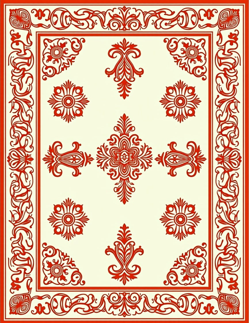 Crimson Ornamental Floral Border Rug