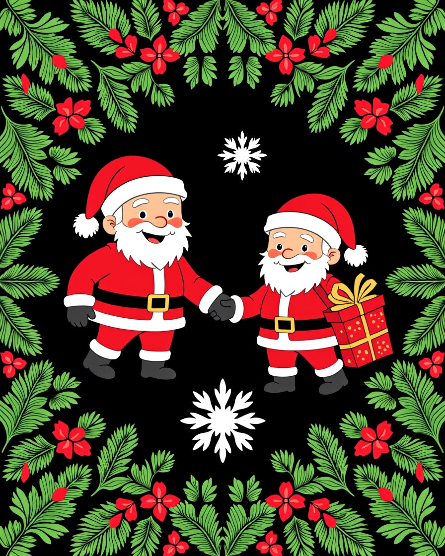 Festive Santas Red Green Foliage Rug