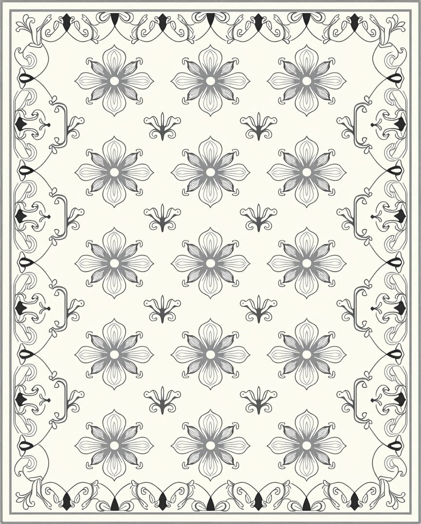 Elegant Grey Floral Bordered Cream Rug