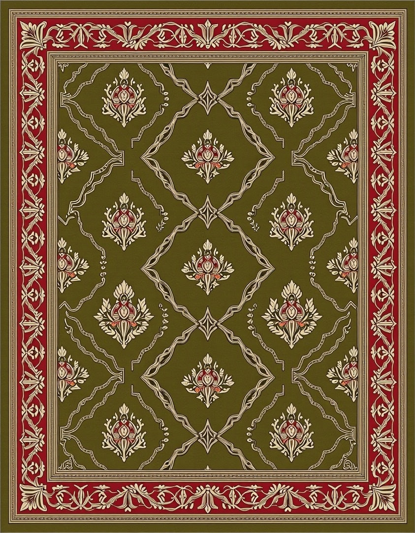 Olive Red Garden Floral Medallion Rug