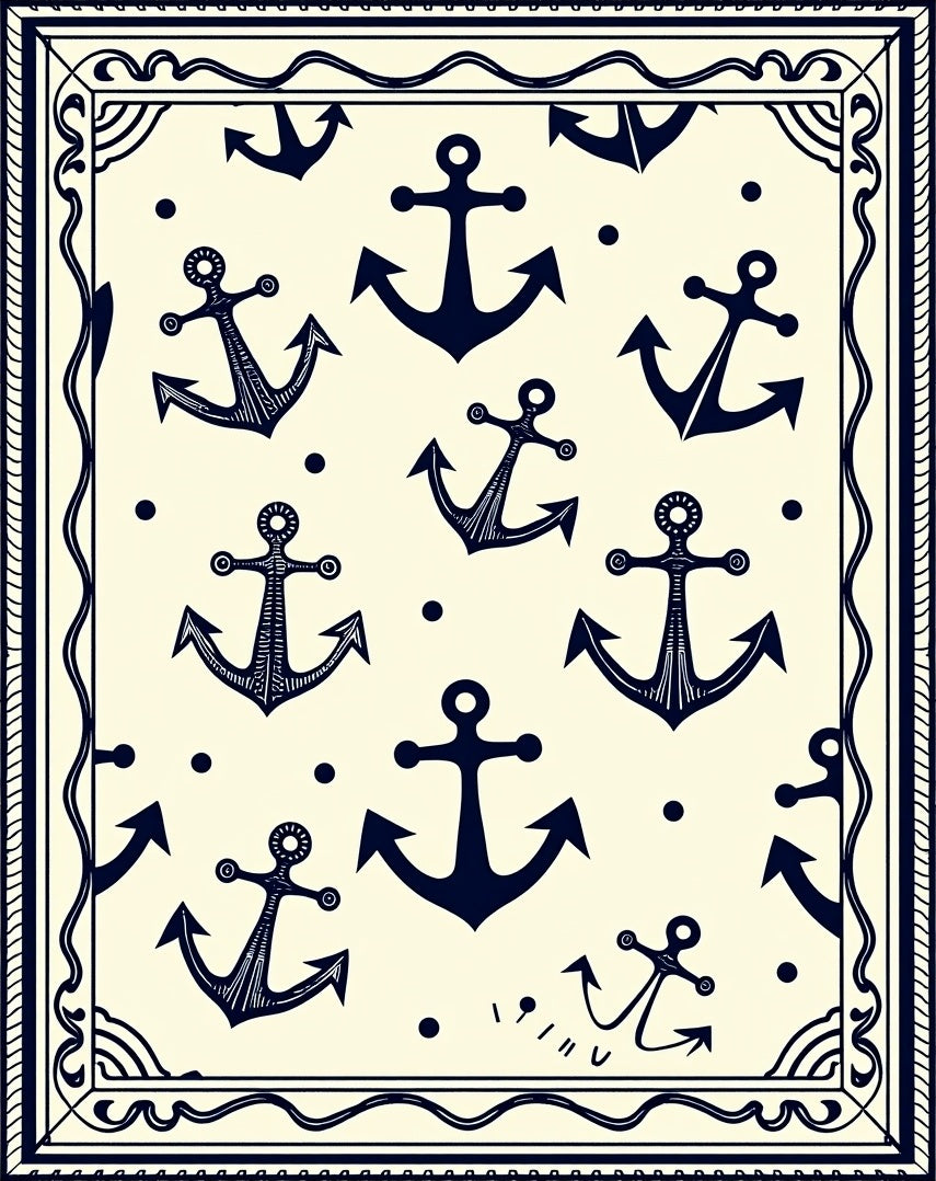 Navy Anchor Nautical Cream Border Rug