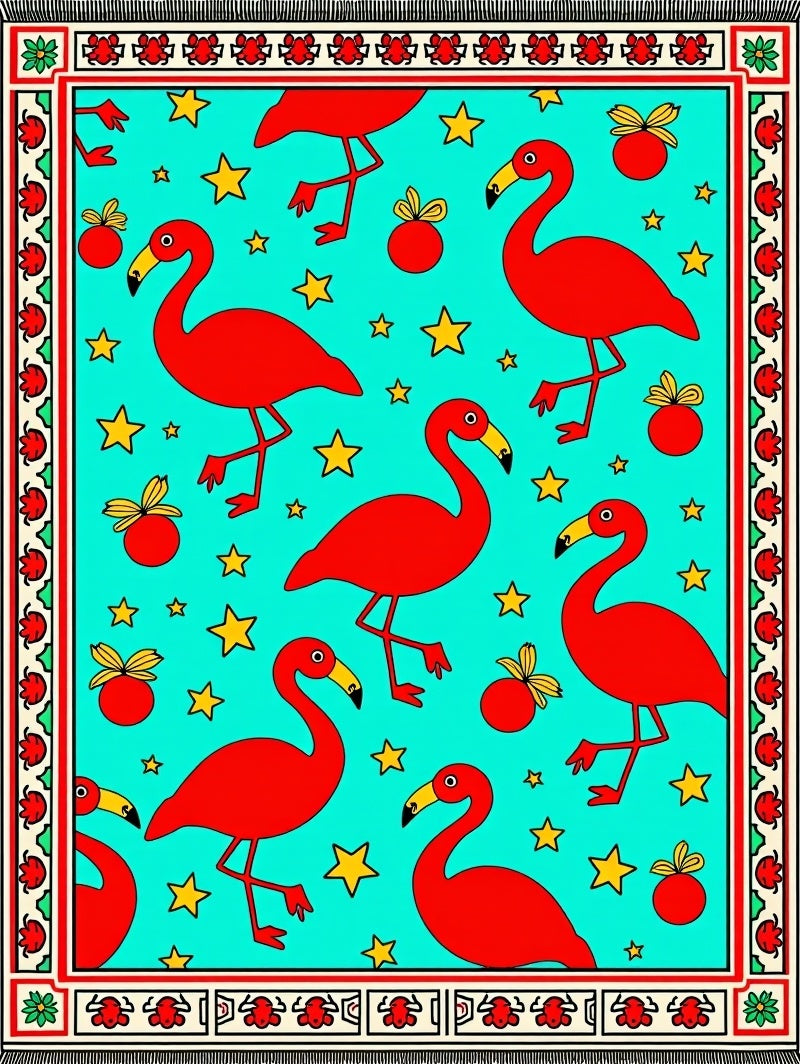 Vibrant Red Flamingo Stars Teal Rug