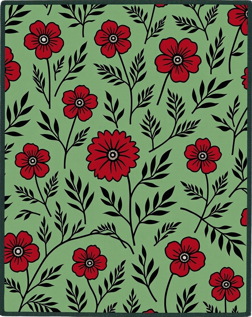 Red Floral Garland Green Background Rug
