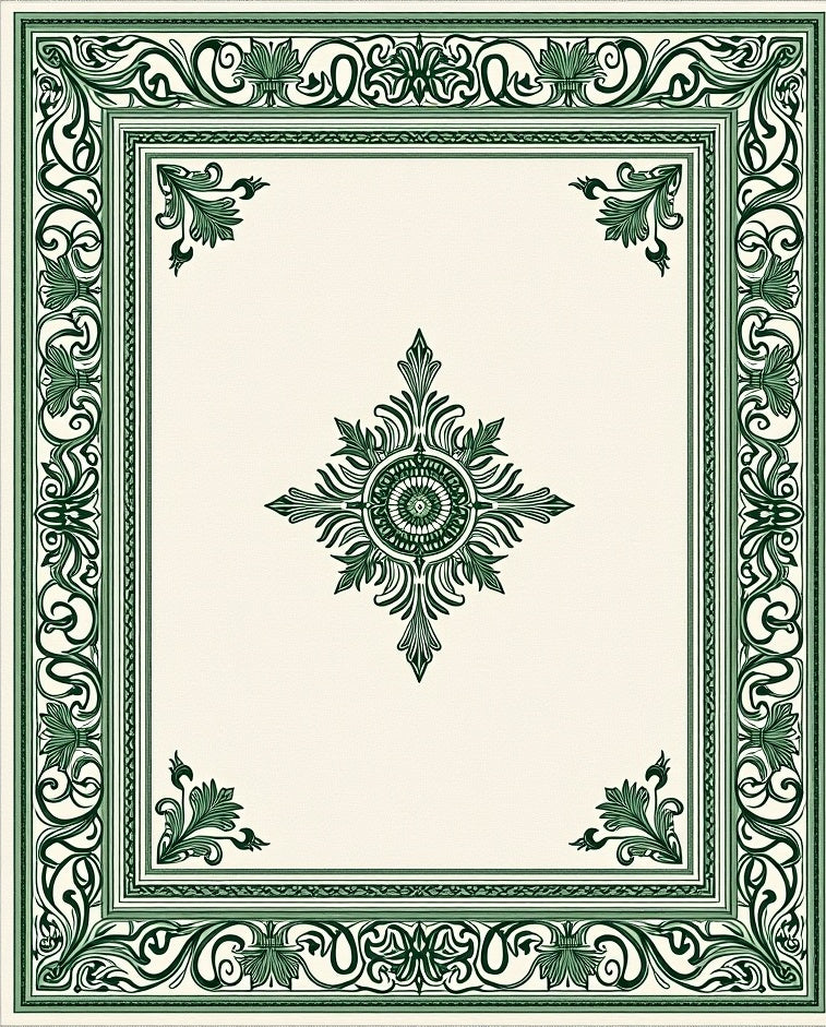 Emerald Green Ornamental Floral Border Rug