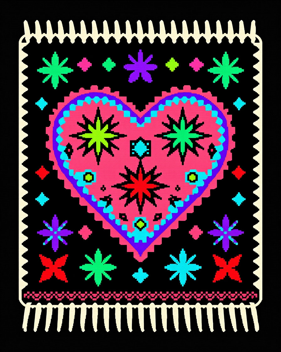 Bright Pink Heart Folk Art Rug
