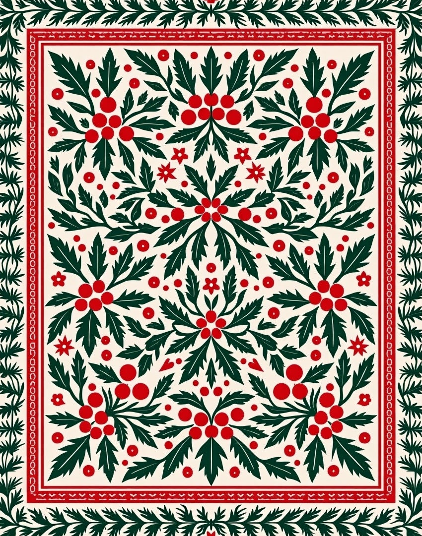 Green Holly Berry Floral Symmetry Rug