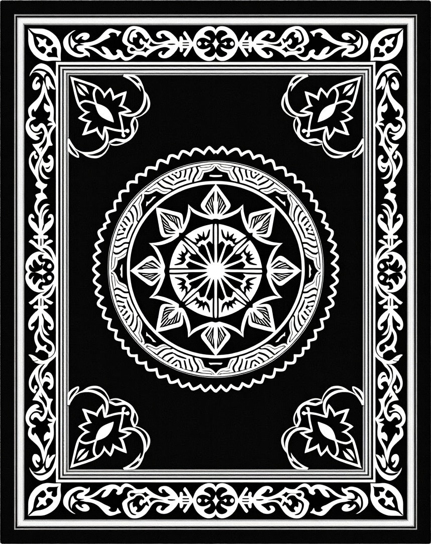 Classic Black White Medallion Border Rug