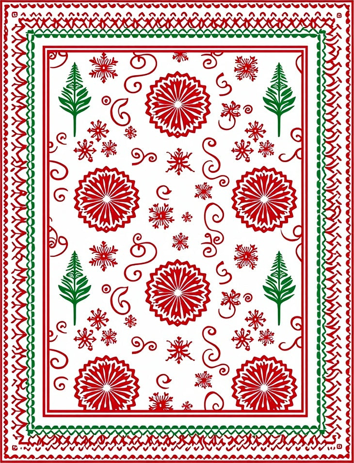 Red Green Snowflake Tree Medallion Border Rug