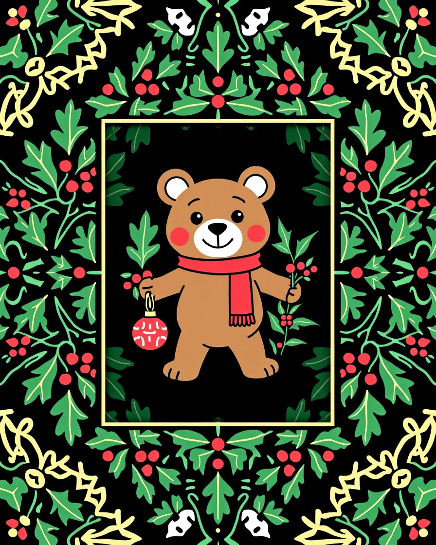 Whimsical Christmas Bear Holly Garland Rug