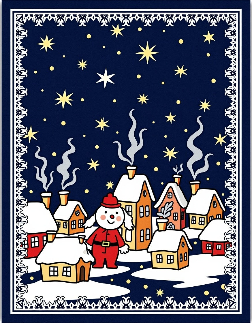 Charming Snowman Festive Village Night Sky Rug