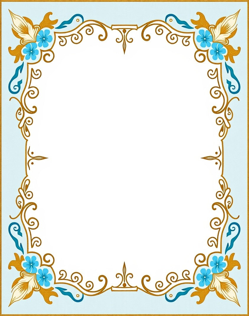 Light Blue Gold Floral Scroll Border Rug