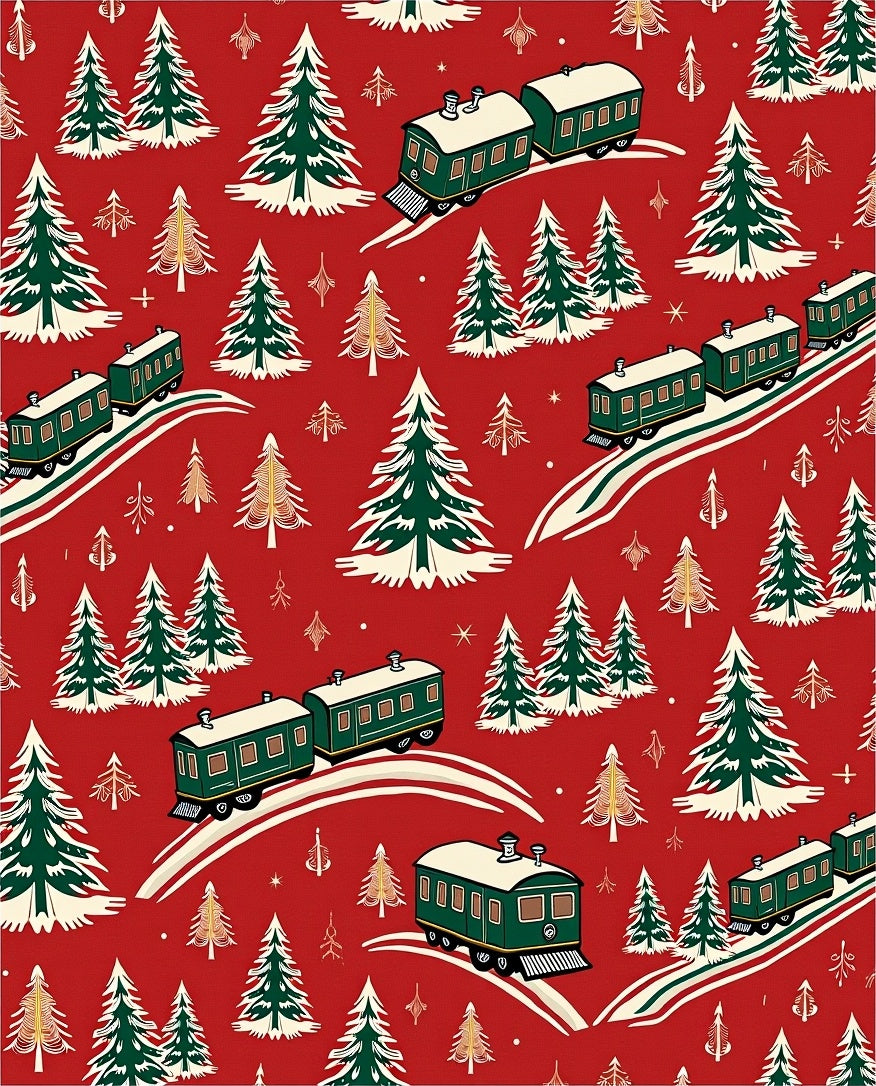 Victorian Green Train Snowy Christmas Trees Rug
