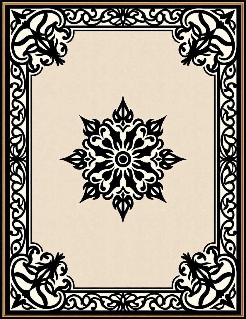 Ornamental Black and Cream Medallion Frame Rug