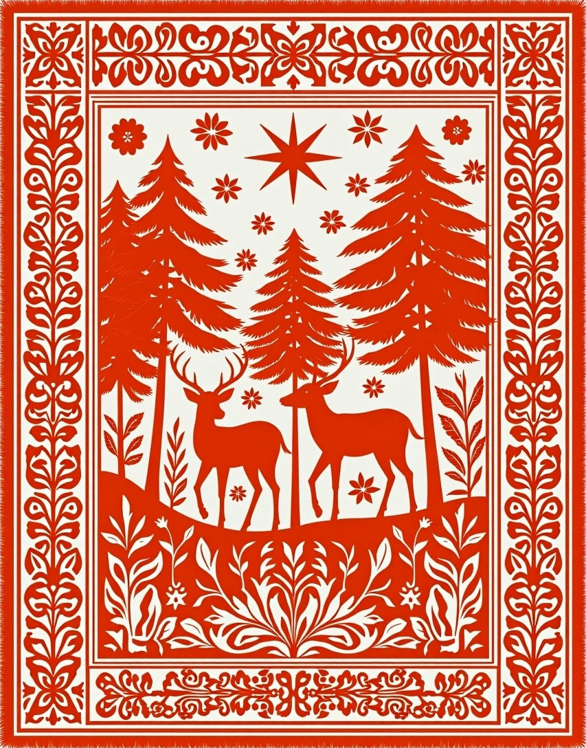 Bold Red Deer Forest Woodland Scene Rug