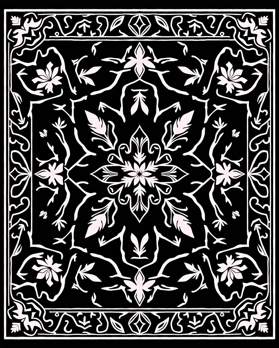 Classic Black White Floral Mandala Rug