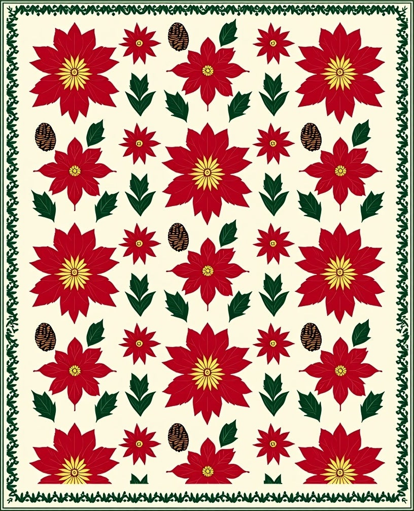 Crimson Red Poinsettia Pinecone Arrangement Rug