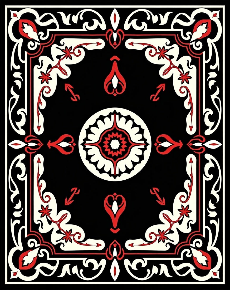 Crimson Black Floral Medallion Frame Rug