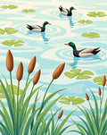 Calm Pond Ducks Lily Pads Cattails Rug