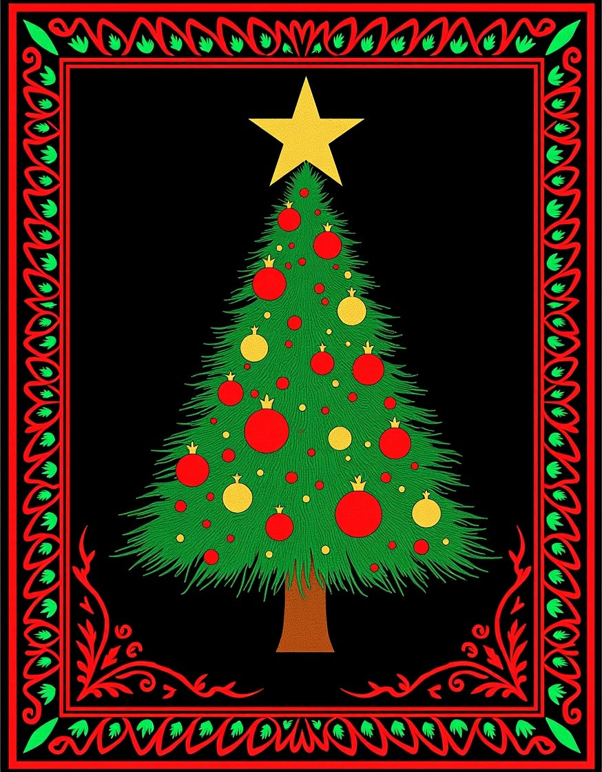 Festive Green Christmas Tree Red Border Rug