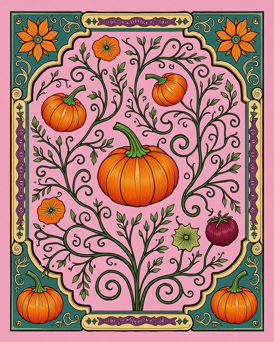 Pink Pumpkin Vine Floral Border Rug