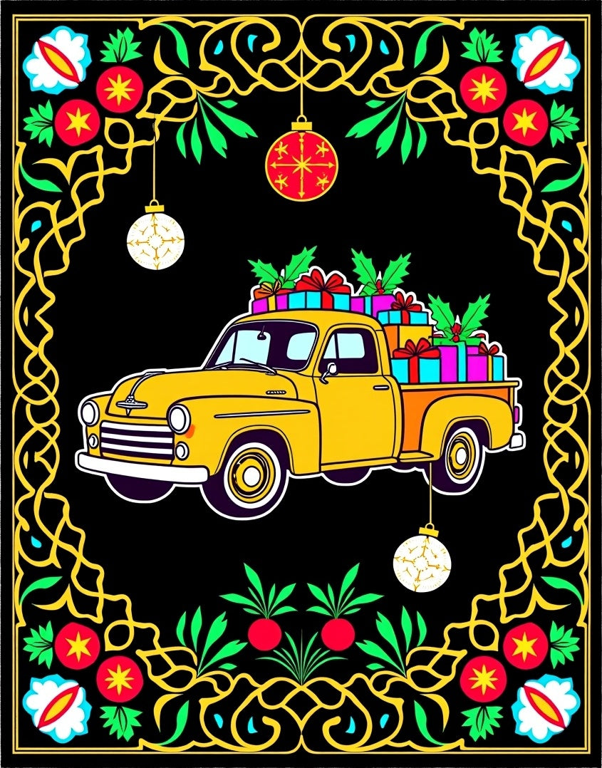 Yellow Truck Floral Holiday Christmas Rug