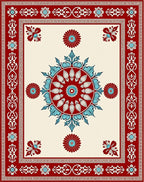 Red Blue Floral Medallion Border Rug