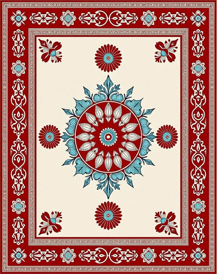 Red Blue Floral Medallion Border Rug
